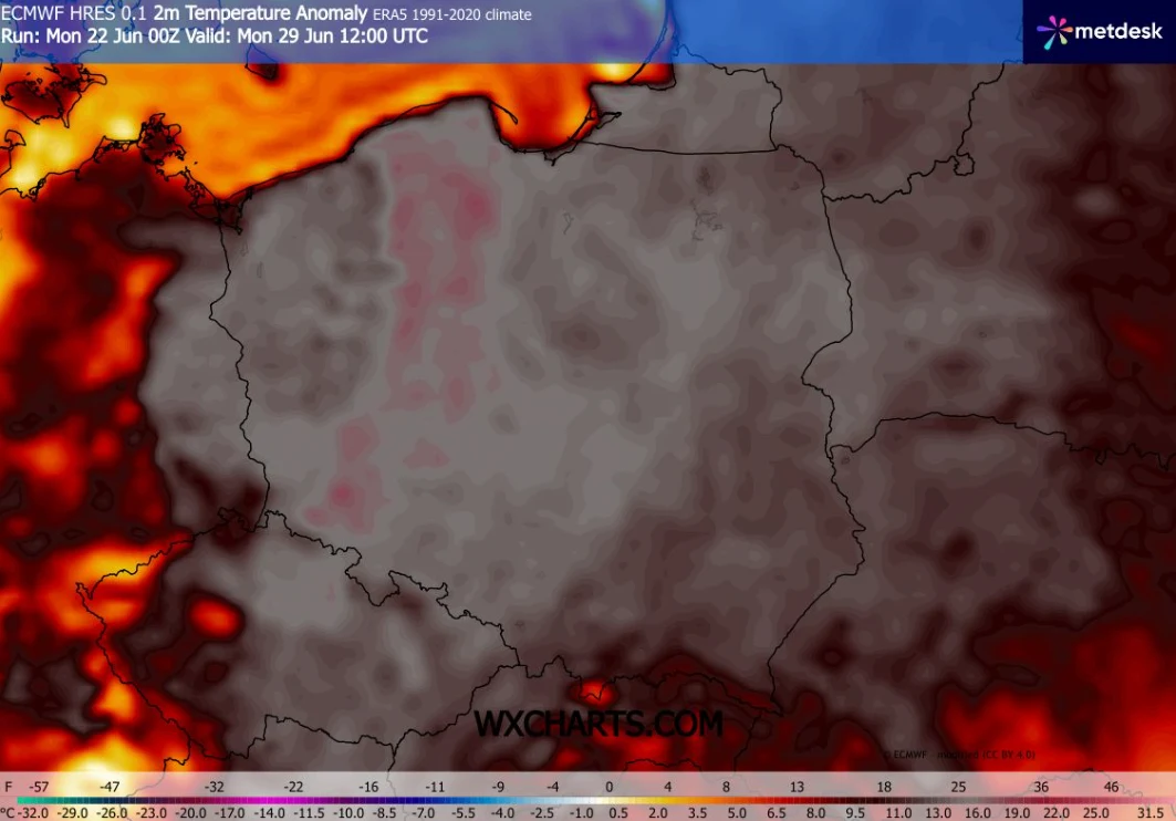 Ekstremalna anomalia temperatury na przełomie obecnego i przyszłego tygodnia może objąć całą Polskę. Upały będą ekstremalne Mapa Polski prezentująca anomalie temperatury powietrza względem średniej z lat 1991-2020, z wyraźnie widocznymi intensywnie wyższymi wartościami na zachodnich i północnych obrzeżach kraju oraz umiarkowanymi w centralnej części.