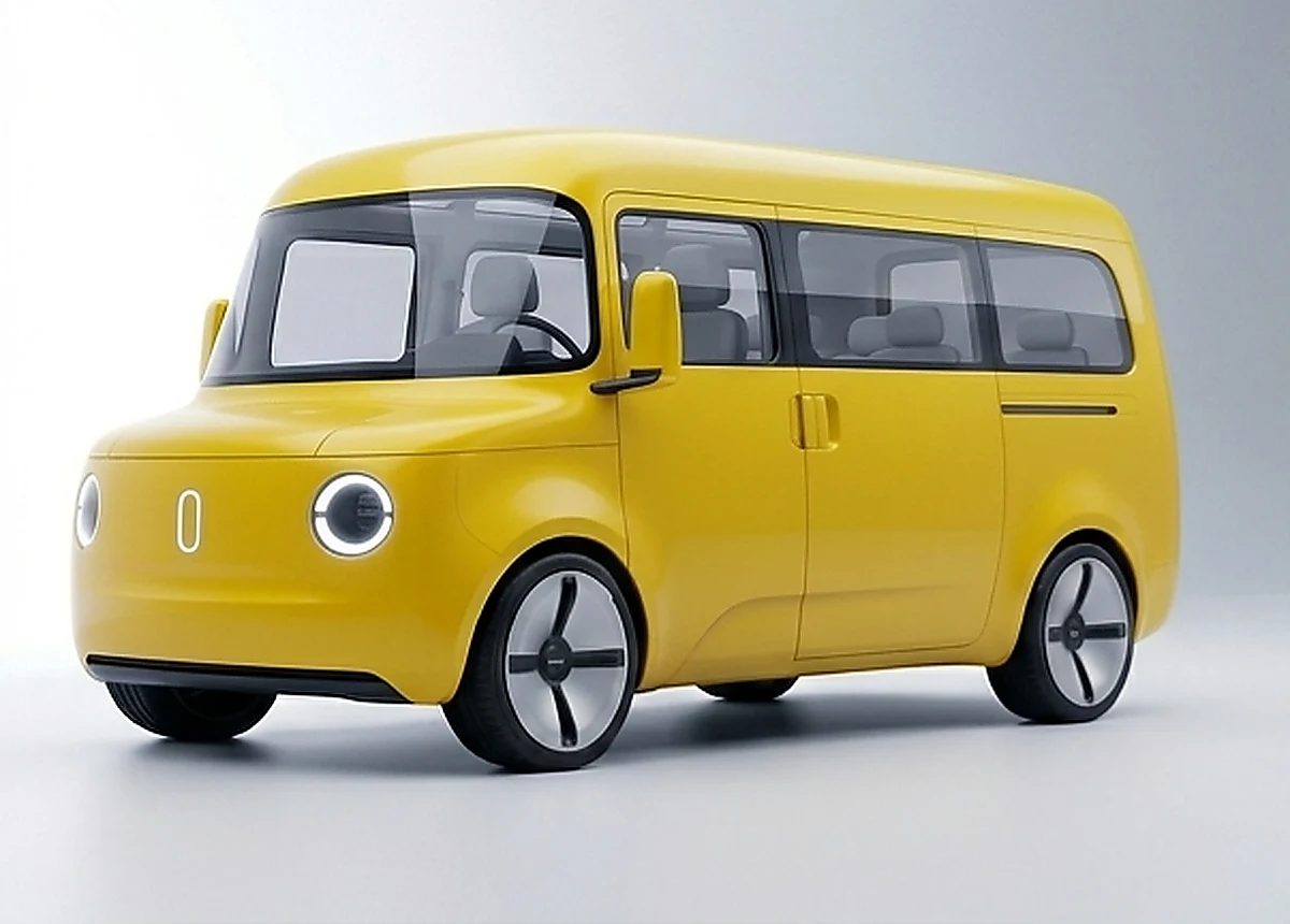 Jaskrawożółty elektryczny minivan o futurystycznym designie, z dużymi oknami i nowoczesnymi, okrągłymi reflektorami LED.