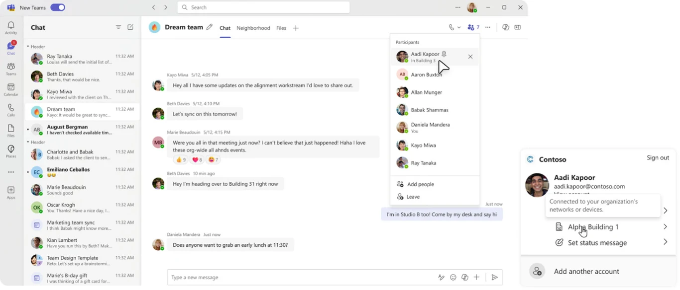 Workplace Check-in via Wi-Fi. Nowość w Teams pozwala automatycznie aktualizować status miejsca zalogowania Widok czatu zespołu z listą ostatnich rozmów po lewej stronie, aktywnym oknem konwersacji na środku oraz panelem uczestników i profilem użytkownika z opcjami wyboru konta po prawej stronie.