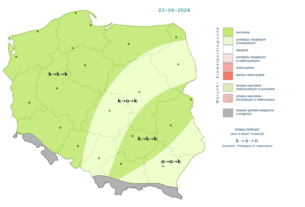 Mapa Polski z naniesionymi strefami biometu na dzień 23 czerwca 2026, kolorami oznaczającymi korzystność warunków biometeorologicznych, z zaznaczonymi pasami zmian w biometach oraz symbolami ilustrującymi występowanie różnic w biometach w centralnej cz...