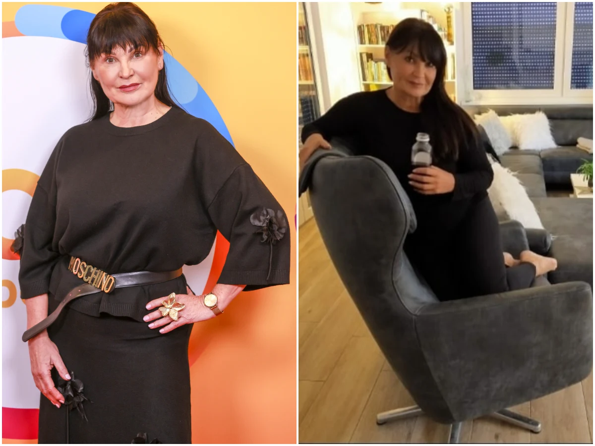 Iwona Pavlović, fot. https://www.instagram.com/iwonapavlovic/ Kobieta ubrana na czarno, z długimi ciemnymi włosami, pozuje na tle kolorowej ścianki oraz siedzi w eleganckim fotelu w nowoczesnym salonie, trzymając w ręku butelkę napoju.