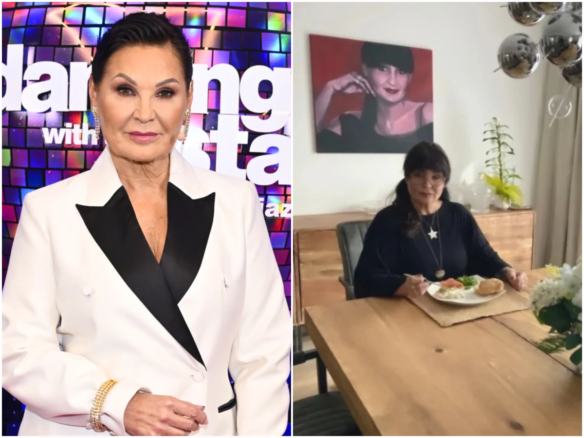 Iwona Pavlović, fot. https://www.instagram.com/iwonapavlovic/ Kobieta w eleganckiej białej marynarce z czarnymi klapami na tle kolorowej ścianki z logo programu rozrywkowego; po prawej kobieta siedząca przy drewnianym stole podczas posiłku, na ścianie powyżej widoczny portret tej samej osoby.