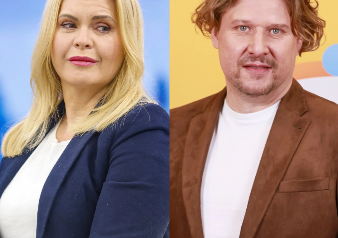 Magdalena Stużyńska, Andrzej Nejman Magdalena Stużyńska i Andrzej Nejman, aktorzy znani z serialu Złotopolscy, na wspólnym zdjęciu na jasnym tle.
