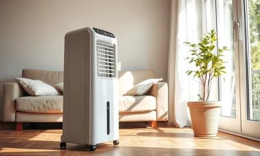 Biały klimator przenośny bez rury w salonie przy oknie w upalny dzień