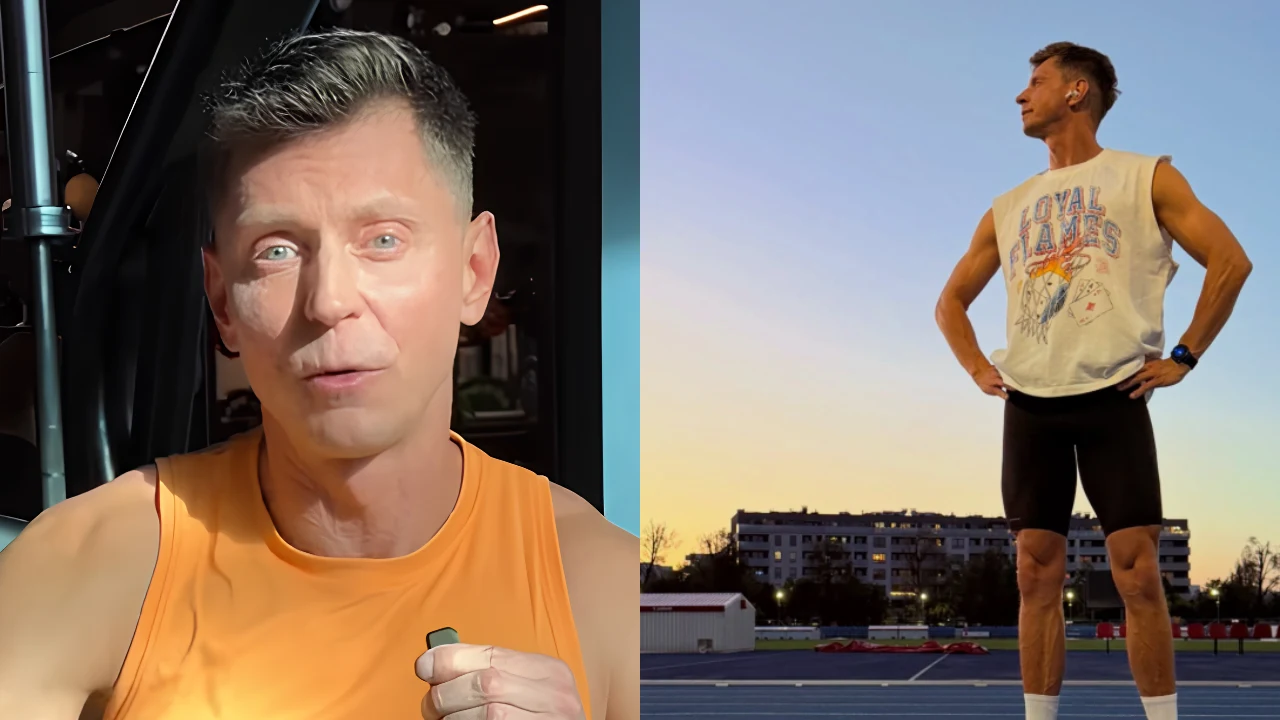 Mężczyzna w sportowej koszulce podczas treningu na siłowni oraz stojący w pozycji biegacza na bieżni przy zachodzie słońca.