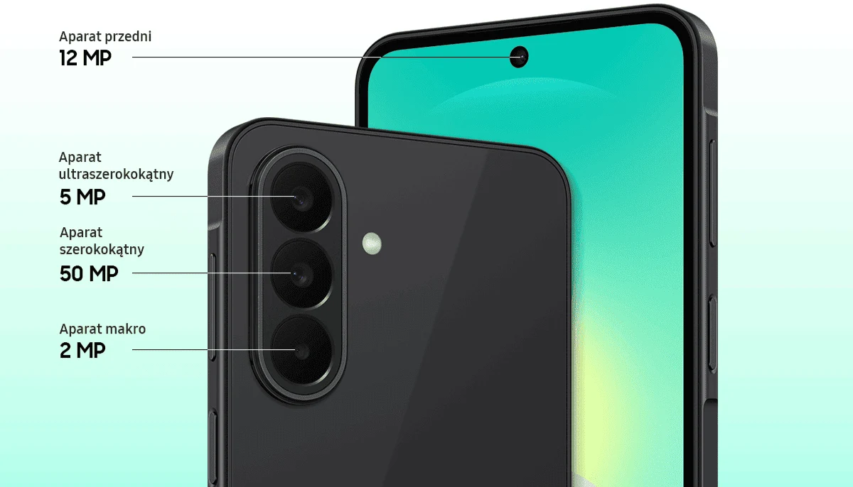 Nowoczesny smartfon z potrójnym modułem aparatów na tylnej obudowie: 50 MP aparat szerokokątny, 5 MP aparat ultraszerokokątny, 2 MP aparat makro oraz 12 MP aparat przedni w centralnej części górnej krawędzi ekranu.