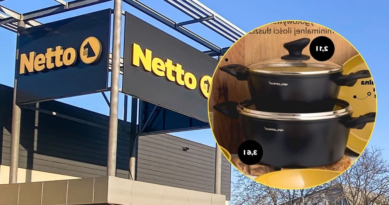 Najpierw Aldi, teraz Netto. Garnki i patelnie od 39 zł przyciągnęły moją uwagę Logo Netto na budynku oraz dwa czarne garnki z pokrywkami i widocznymi etykietami pojemności.