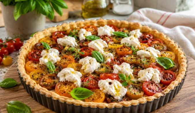 Tarta z ciasta francuskiego z pomidorkami i burratą