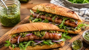 Chrupiąca kanapka z kiełbaską chipolata i sosem chimichurri