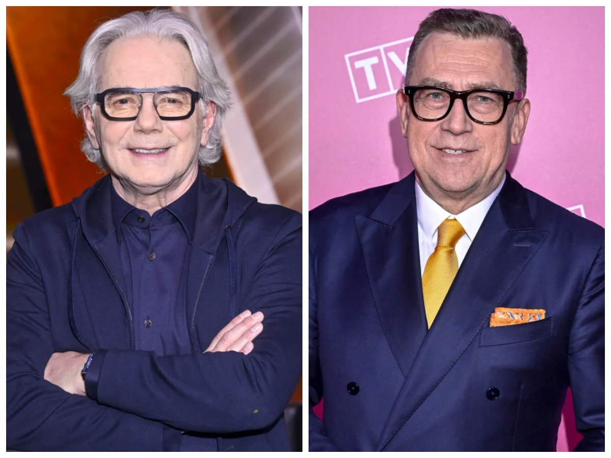 Robert Janowski, Maciej Orłoś Robert Janowski i Maciej Orłoś w eleganckich strojach na tle ścianki programu Jaka to melodia.
