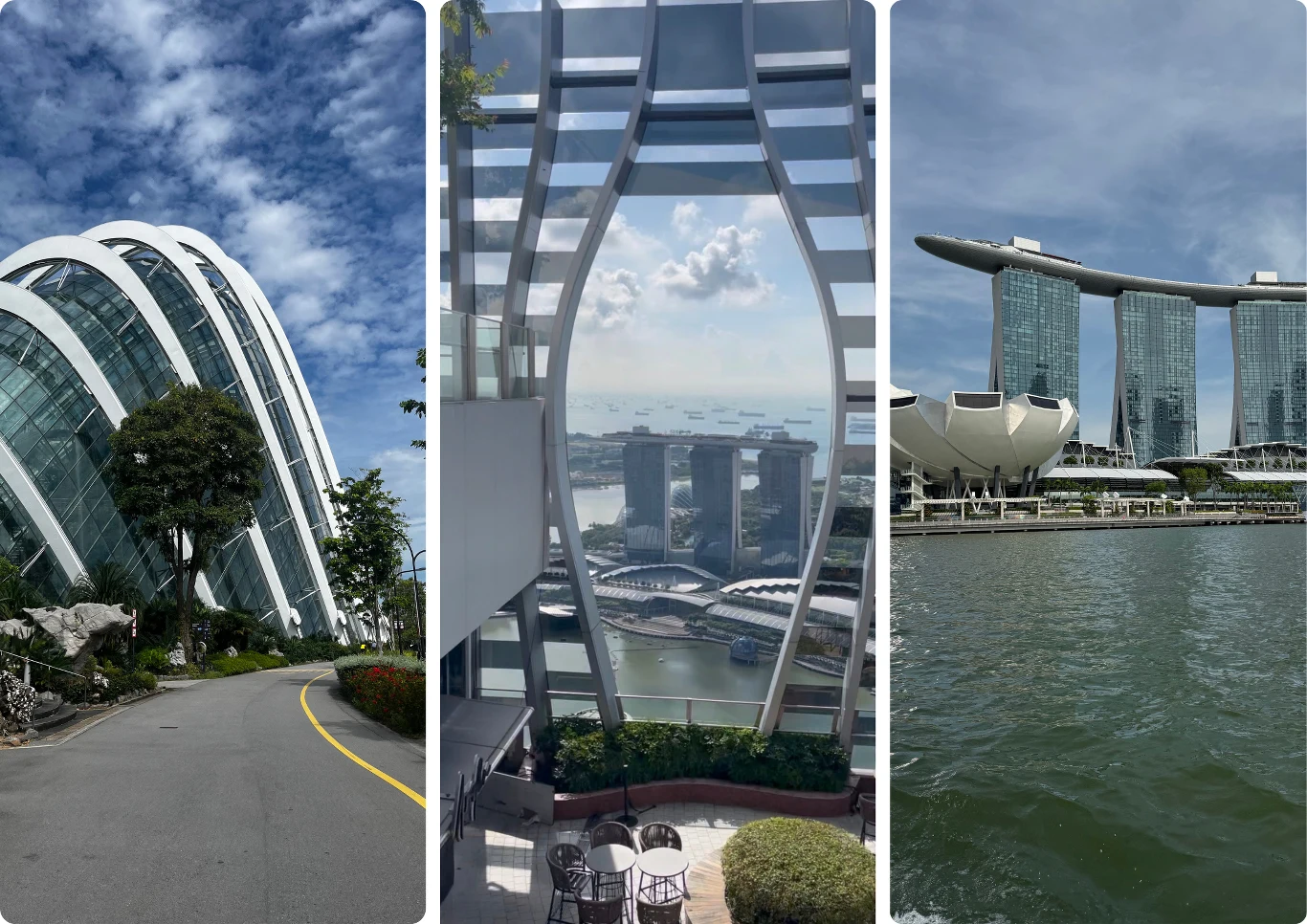 Nowoczesne szklane budynki o futurystycznych kształtach, widok na zatokę z charakterystycznym kompleksem Marina Bay Sands oraz zielone ogrody nad wodą pod błękitnym niebem.