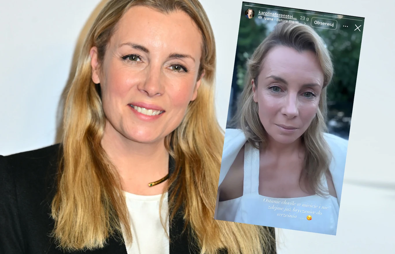 Karolina Ferenstein-Kraśko potwierdziła doniesienia. To koniec życia w mieście. Zmienia adres na mazurski /instagram.com/karolinaferenstein_krasko/ Kobieta o blond włosach ubrana w czarną marynarkę i jasny top, obok jej selfie w białym stroju wyświetlone na ekranie smartfona.