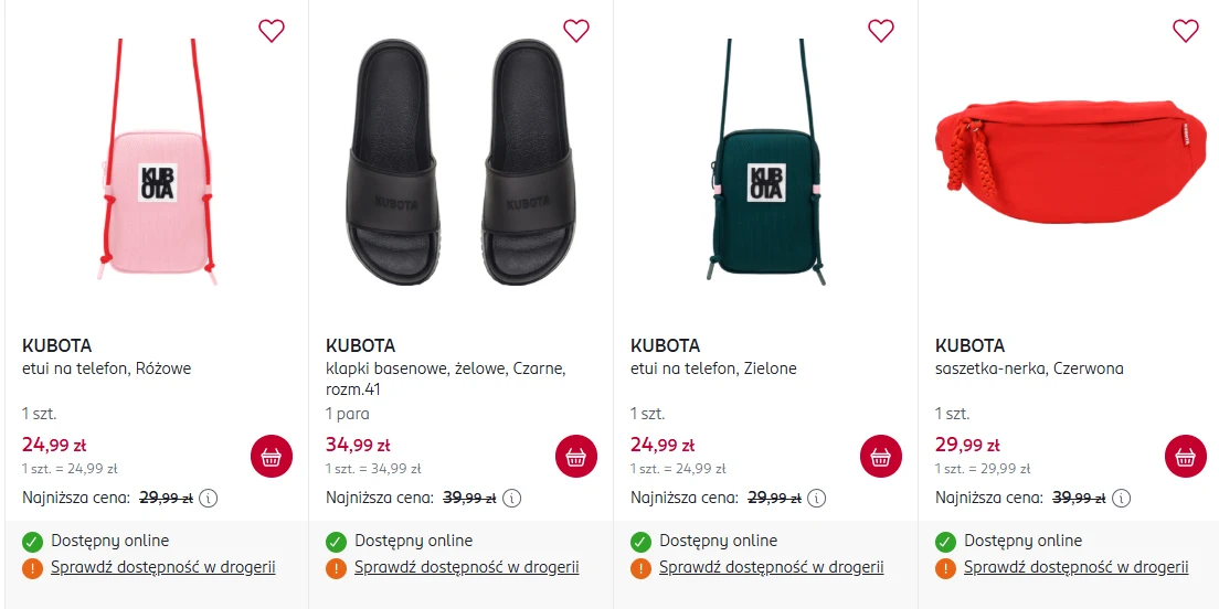 Cztery produkty marki Kubota: różowe etui na telefon na cienkim pasku, czarne klapki basenowe, zielone etui na telefon na cienkim pasku oraz czerwona saszetka-nerka.
