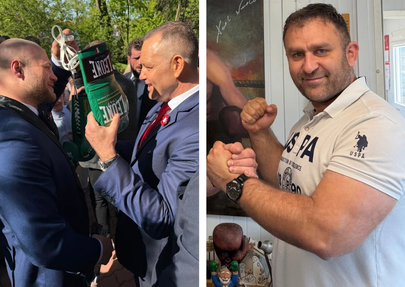 Po lewej stronie dwaj mężczyźni w garniturach stoją naprzeciw siebie, jeden z nich trzyma zielony worek bokserski; po prawej stronie mężczyzna w jasnej koszulce pozuje, zginając ręce w geście siły na tle jasnego wnętrza.