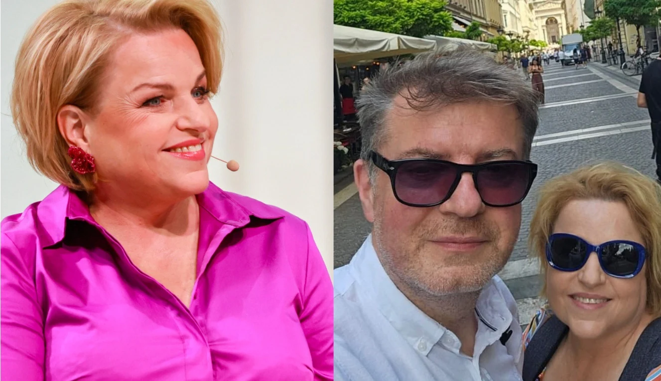 Katarzyna Bosacka na wakacjach z mężem/Facebook:@EkoBosacka Uśmiechnięta kobieta z krótkimi blond włosami w różowej koszuli, na drugim zdjęciu razem z mężczyzną w okularach przeciwsłonecznych podczas spaceru po miejskiej ulicy.