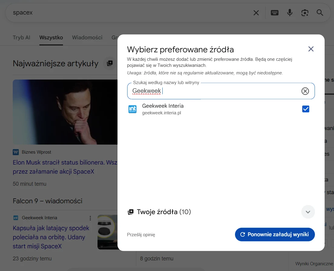 Okno wyboru preferowanego źródła informacji Geekweek Interia podczas korzystania z wyszukiwarki internetowej, z widoczną opcją wybrania lub odznaczenia konkretnej strony i przyciskiem umożliwiającym ponowne załadowanie wyników.