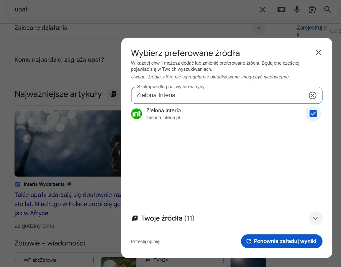 Okno wyboru preferowanego źródła informacji z aktywnie zaznaczoną opcją Zielona Interia i widocznym przyciskiem ponownego załadowania wyników.