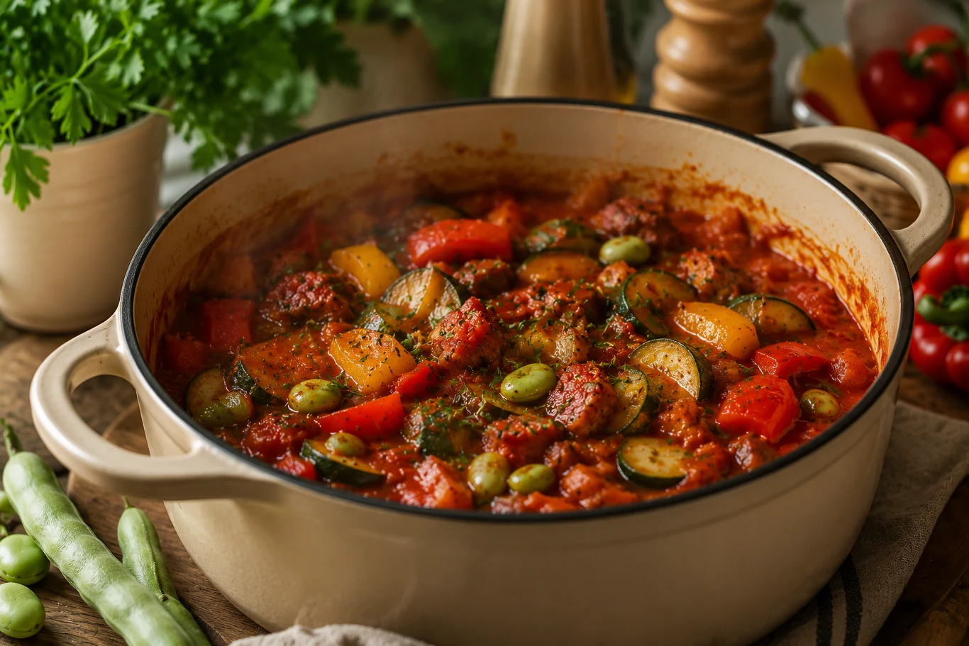 Aromatyczne leczo z bobem, cukinią, papryką i wędzonym boczkiem Kolorowy gulasz warzywny z kawałkami cukinii, papryki, pomidorów i oliwek, podany w dużym, kremowym garnku na drewnianej powierzchni.