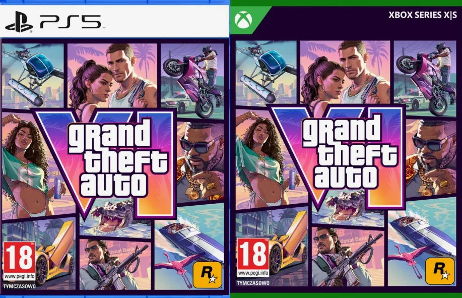 Okładki gier Grand Theft Auto V na konsole PlayStation 5 i Xbox Series X|S, centralnie widoczne logo gry otoczone kolorowymi grafikami przedstawiającymi głównych bohaterów, motocykle, helikopter, psa i rekina, a także charakterystyczne dla serii motywy...