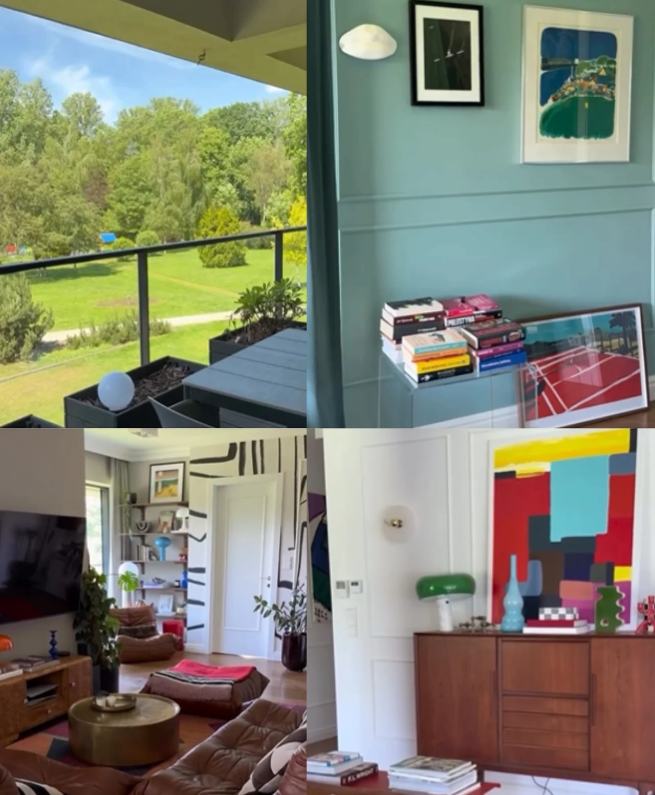 Nowoczesny salon z widokiem na zielony ogród, stylowe, przytulne wnętrza z designerskimi meblami, kolorowymi obrazami na ścianach oraz kolekcją książek i dekoracji na komodach i półkach.