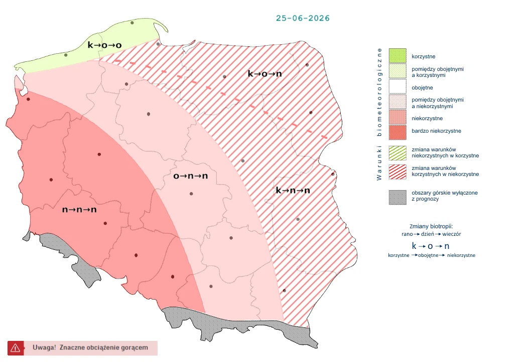 Mapa Polski z naniesionymi strefami obciążenia gorącem według regionów, wyraźnym zaznaczeniem na czerwono obszarów o bardzo niekorzystnych i niekorzystnych warunkach biometu w zachodniej i południowej części kraju oraz ostrzeżeniem o znacznym obciążeni...