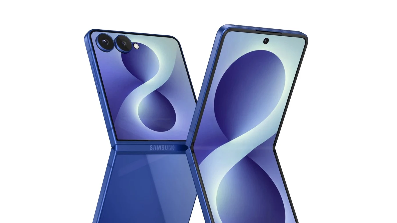 Niebieski smartfon z rozkładanym ekranem, dwa aparaty fotograficzne z tyłu oraz wyświetlany motyw graficzny w kształcie cyfry osiem na ekranie.