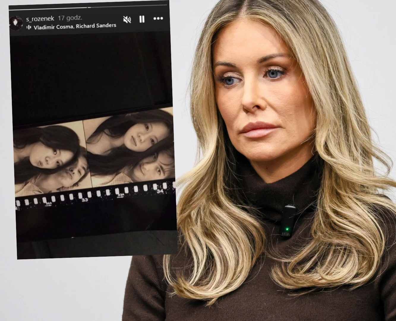 Kobieta o długich, blond włosach i poważnym wyrazie twarzy, ubrana w ciemny sweter, obok wycinka fotografii z czarno-białymi zdjęciami portretowymi innej kobiety.