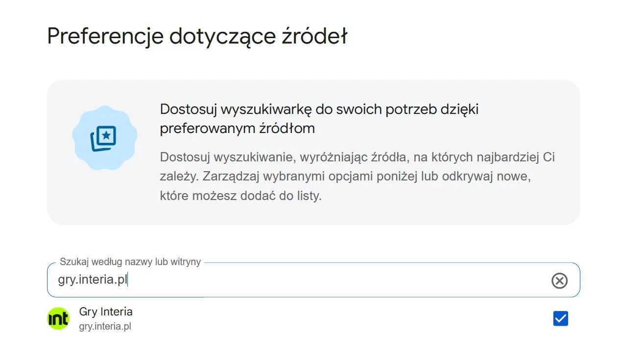Panel wyboru preferowanych źródeł z polem wyszukiwania oraz zaznaczoną stroną gry.interia.pl jako wybrane źródło informacji.