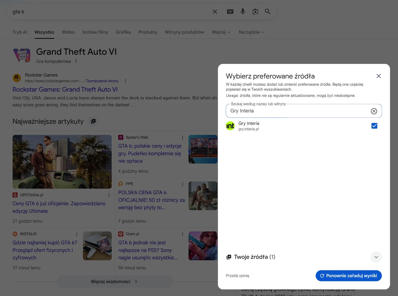 Wyniki wyszukiwania dotyczące gry Grand Theft Auto VI z wyświetlonym oknem wyboru preferowanych źródeł informacji oraz zaznaczoną stroną internetową 'Gry Interia'.