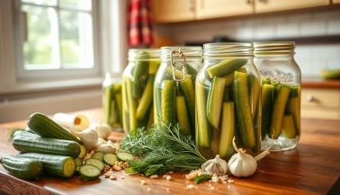  Słoiki domowych ogórków kiszonych na kuchennym stole, obok ogórki gruntowe, koper i czosnek