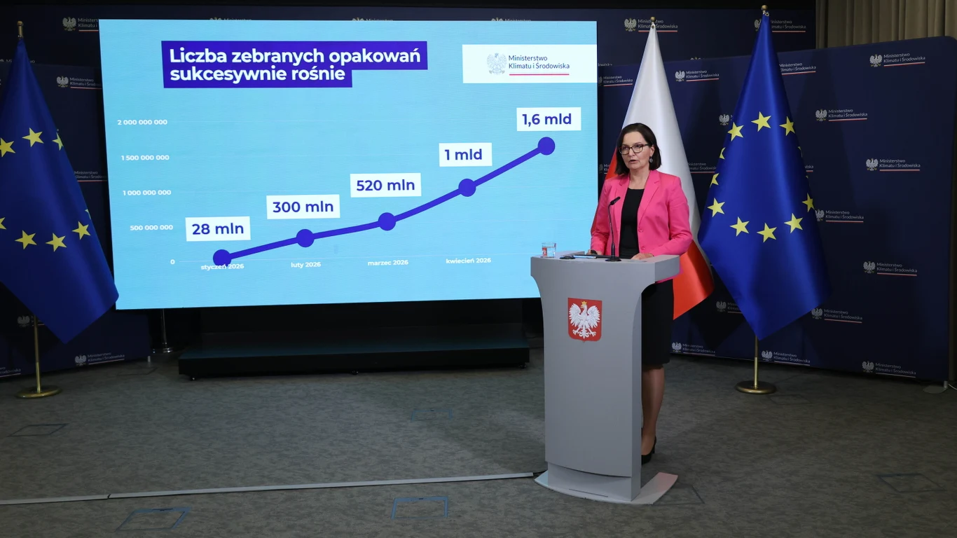 Kobieta w różowej marynarce stoi przy mównicy z godłem Polski, obok dużego ekranu z wykresem ukazującym wzrost liczby zebranych opakowań, w tle flagi Polski i Unii Europejskiej.