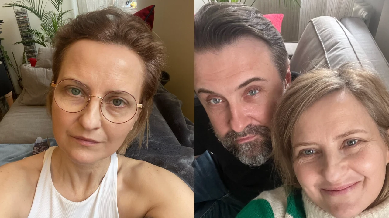 Tak wygląda mieszkanie Izabeli Kuny Kobieta w okularach robi selfie w salonie, obok zdjęcie tej samej kobiety uśmiechniętej razem z mężczyzną na kanapie.