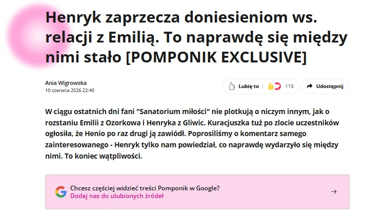 Fragment artykułu internetowego z nagłówkiem o relacji Henryka i Emilii oraz krótkim wprowadzeniem wyjaśniającym plotki i stanowisko jednej ze stron, na dole widoczna jest sugestia dodania portalu do ulubionych źródeł w Google.