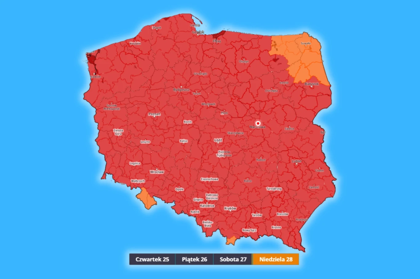Mapa Polski z podziałem na powiaty, większość kraju zaznaczona intensywnym czerwonym kolorem, obszary północno-wschodnie wyróżnione pomarańczem; na dole legenda z kolorami i nazwami dni tygodnia.