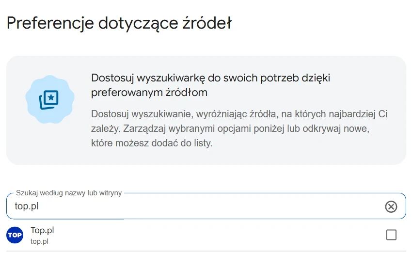 Panel ustawień źródeł wyszukiwania z wyszczególnioną stroną top.pl oraz możliwością zaznaczania preferowanych witryn na liście.