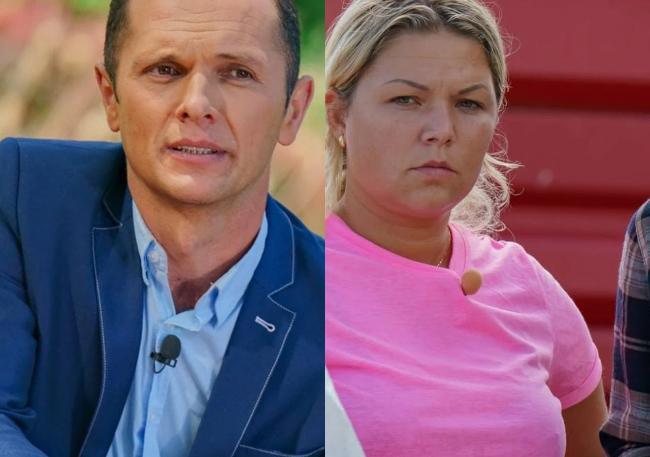 Waldemar i Dorota w "Rolnik szuka żony" Dwie osoby w średnim wieku, jedna w eleganckiej, niebieskiej marynarce z mikroportem na klapie, druga w różowej koszulce z mikrofonem przypiętym do dekoltu, obie patrzące poważnie w stronę kamery.