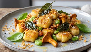 Gnocchi z czerwonym pesto, bobem i kurkami