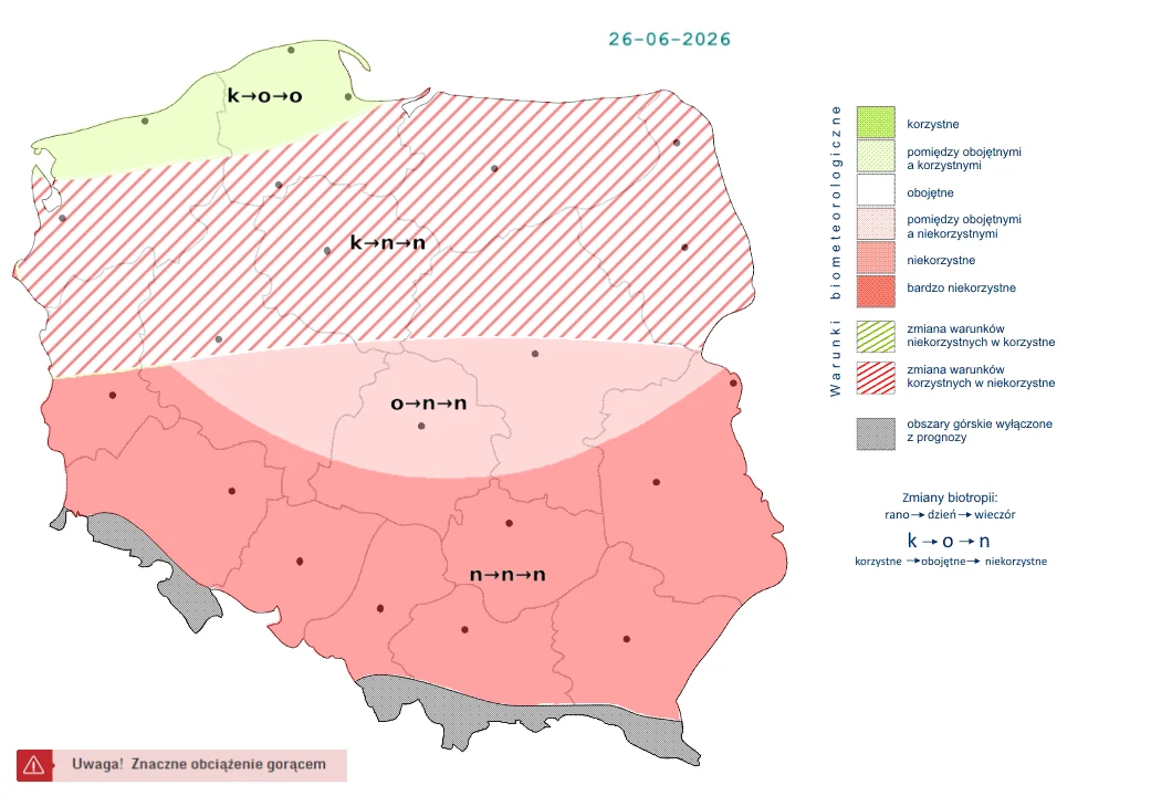 Mapa Polski z naniesionymi strefami obciążenia gorącem, gdzie południowa i środkowa część kraju oznaczona jest intensywnym kolorem czerwonym jako obszary z wysokim zagrożeniem upałem, północny zachód kraju pokazuje strefę korzystną pod względem biometu...