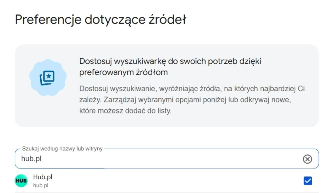 Interfejs ustawień preferencji źródeł z paskiem wyszukiwania, aktywną opcją dodania źródła Hub.pl oraz zaznaczonym polem wyboru obok nazwy strony.