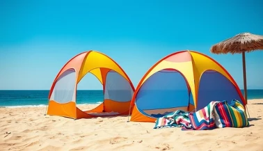 Namiot plażowy rozłożony na piaszczystej plaży w słoneczny dzień