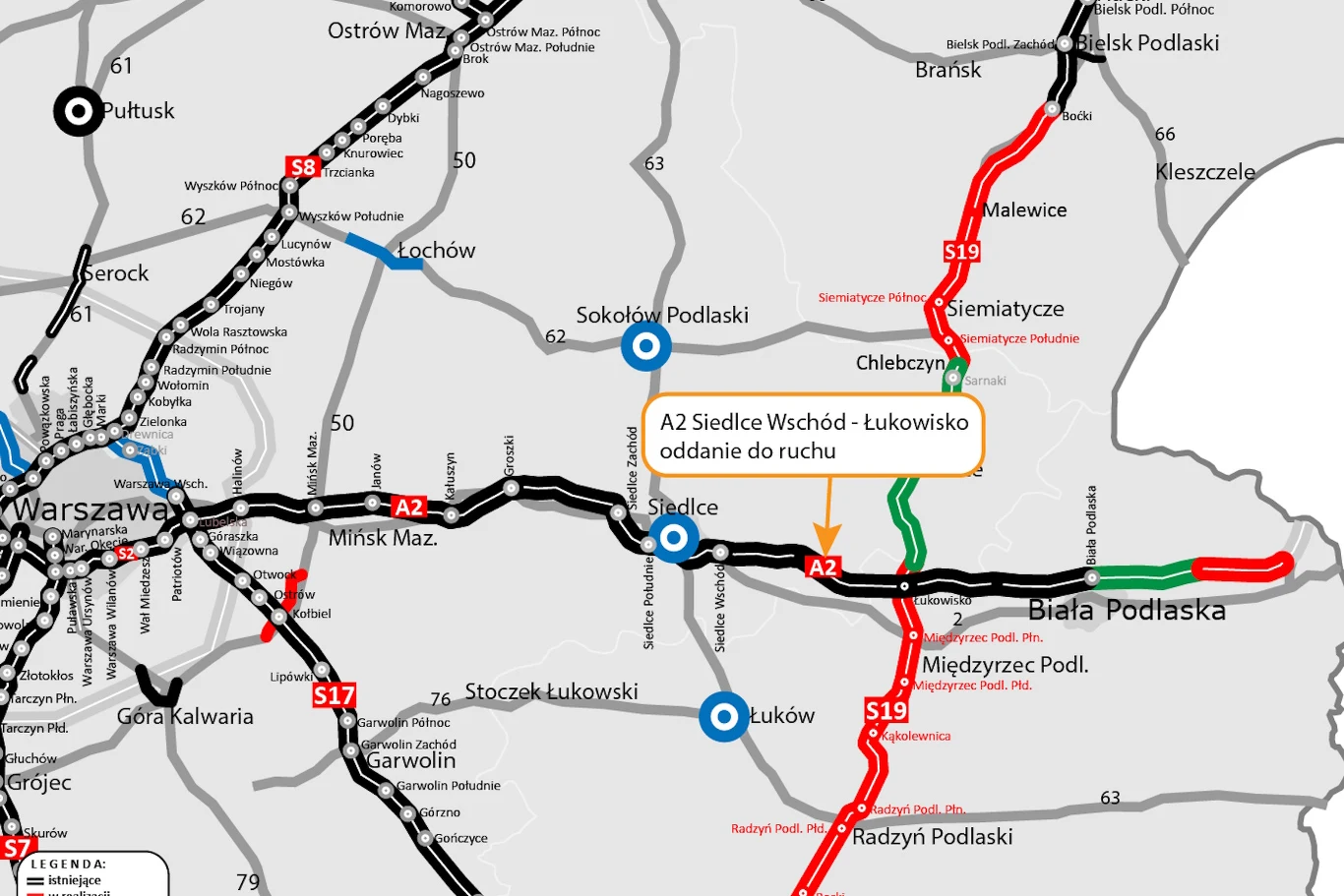 Mapa drogowa wschodniej części Mazowsza i zachodniej części województwa lubelskiego z zaznaczonym nowo otwartym odcinkiem autostrady A2 na trasie Siedlce Wschód – Łukowisko, wyróżnionym na czerwono oraz czarno, z elementami innych ważnych tras komunika...