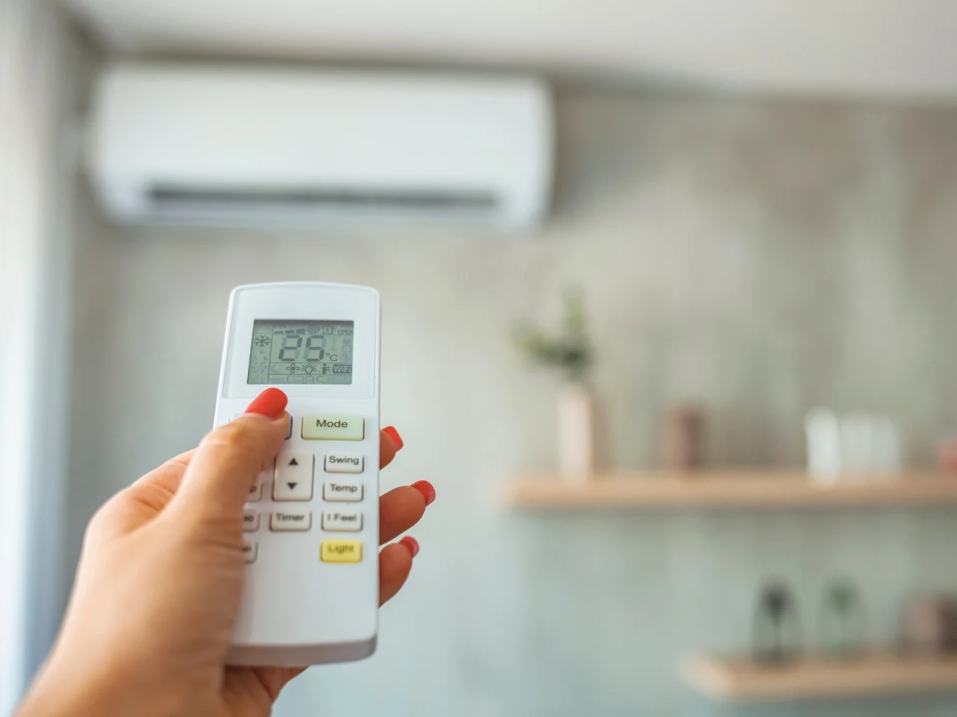 Ustawianie temperatury 26°C na pilocie klimatyzacji z widoczną jednostką ścienną w nowoczesnym wnętrzu.