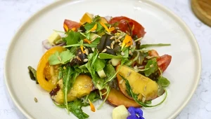 Sałatka jak chłodna bryza w upalny dzień. Wystarczą nektarynki, pomidorki i grillowane halloumi