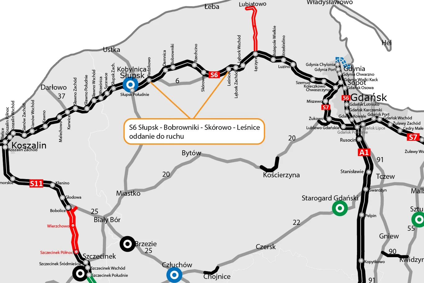 Fragment mapy Pomorza przedstawiający przebieg drogi ekspresowej S6 z wyróżnionym odcinkiem Słupsk – Bobrowniki – Skórowo – Leśnice oddanym do ruchu, wraz z głównymi miejscowościami i węzłami drogowymi w regionie.