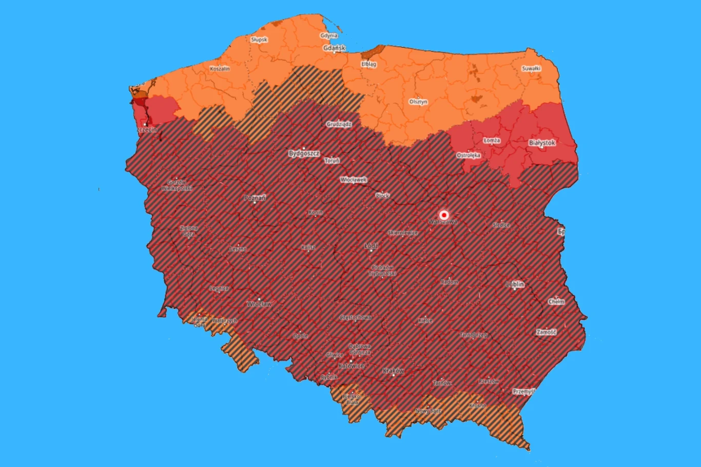 W zdecydowanej większości kraju obowiązują obecnie ostrzeżenia IMGW trzeciego stopnia przed upałem Mapa Polski z podziałem na regiony zaznaczone różnymi kolorami i wzorami, gdzie środkowa i południowa część kraju wyróżniona jest ciemnoczerwonym kolorem oraz ukośnym kreskowaniem, natomiast północne i północno-wschodnie województwa zaznaczone są na po...