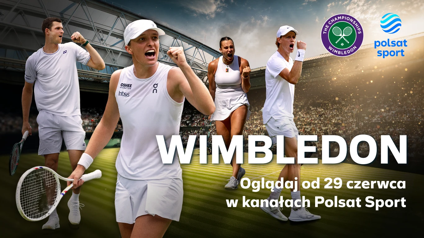 Czterech tenisistów w dynamicznych pozach na tle kortu, logo Wimbledonu oraz informacja o transmisji turnieju w kanałach Polsat Sport.