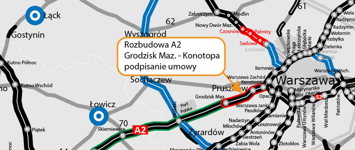Fragment mapy drogowej z wyraźnie zaznaczoną trasą autostrady A2 oraz informacją o rozbudowie odcinka Grodzisk Mazowiecki – Konotopa i podpisaniu związanej z tym umowy.