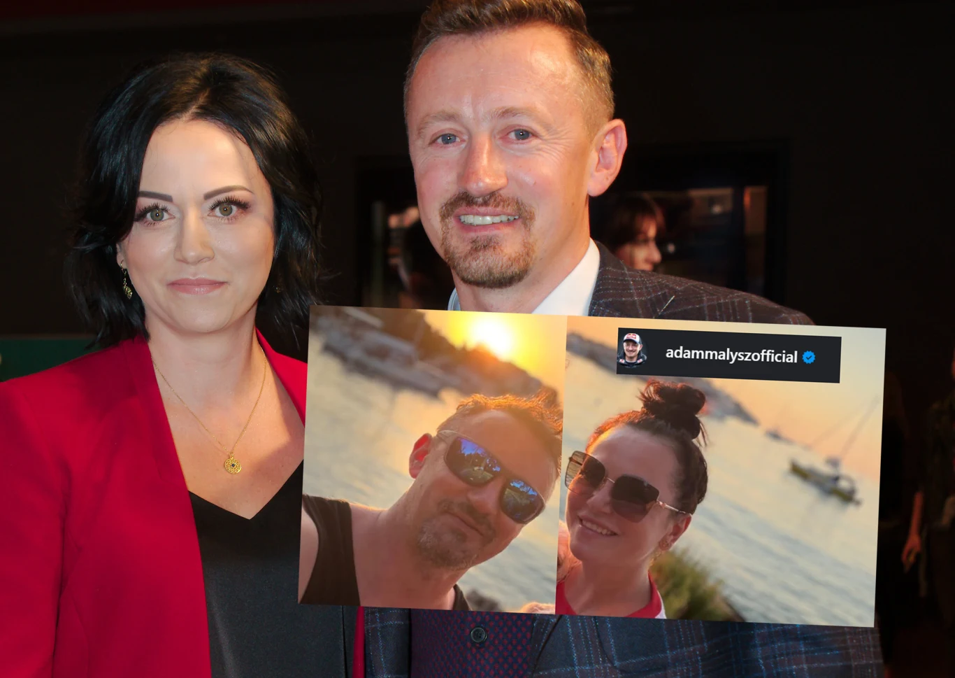 Para uśmiechniętych osób, kobieta w czerwonej marynarce i mężczyzna w garniturze, trzyma wydrukowane zdjęcie selfie z wakacji, na którym na tle wody i zachodzącego słońca znajdują się te same dwie osoby w okularach przeciwsłonecznych.
