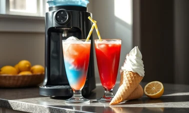 Maszyna do mrożonych napojów Huslog z Biedronki obok dwóch kolorowych slushy i lodów włoskich 