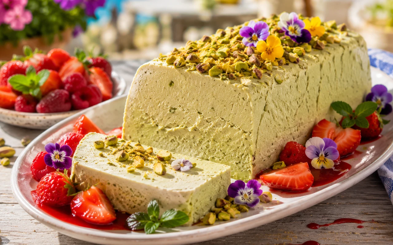 Pistacjowe semifreddo Pistacjowe semifreddo na talerzu, z orzechami i truskawkami